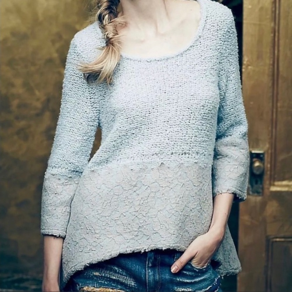 Anthropologie Knitted and Knotted Powder Blue Wool Blend and Lace Sweater (M)